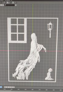 Diorama artesanal de "La Aparición de Saucedilla": escena de misterio y terror rural en miniatura con figuras detalladas, arquitectura antigua y atmósfera de leyenda