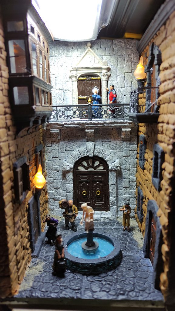 Sujetalibros Booknook de callejón gótico medieval hecho a mano, miniatura detallada con fuente y figuras. Regalo único para amantes de la literatura y fantasía gótica, 27dioramas.