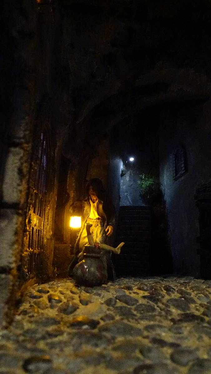 Diorama del hombre del saco, Diseñado artesanalmente usando madera, yeso, poliestireno, resina uv e iluminación led.