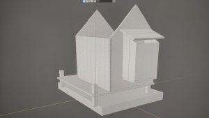 Diorama artístico de una cabaña de madera azul envejecida sobre pilotes en un pantano, con efectos de agua estancada, un bote de remos y detalles de vegetación pantanosa.