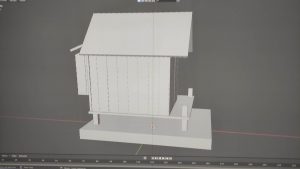 Diorama artístico de una cabaña de madera azul envejecida sobre pilotes en un pantano, con efectos de agua estancada, un bote de remos y detalles de vegetación pantanosa.