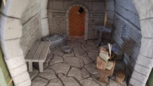 Diorama artesanal detallado de un duende y un pozo estructurado en tres niveles. El nivel superior recrea un jardín exterior exuberante utilizando vegetación natural y preservada (musgos y enredaderas), sobre estancias subterráneas de piedra y madera