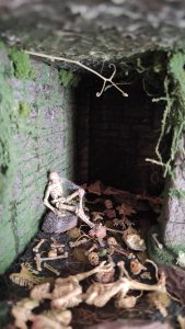 Diorama artesanal detallado de un duende y un pozo estructurado en tres niveles. El nivel superior recrea un jardín exterior exuberante utilizando vegetación natural y preservada (musgos y enredaderas), sobre estancias subterráneas de piedra y madera