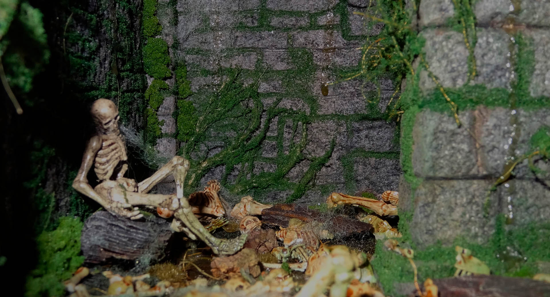 Diorama artesanal detallado de un duende y un pozo estructurado en tres niveles. El nivel superior recrea un jardín exterior exuberante utilizando vegetación natural y preservada (musgos y enredaderas), sobre estancias subterráneas de piedra y madera
