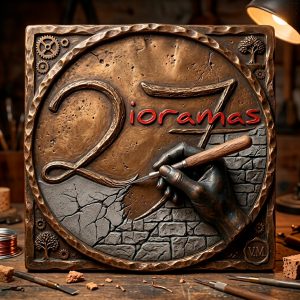 Logotipo de 27 Dioramas en relieve de bronce, mostrando una mano artesana tallando piedra sobre corcho con gubia y el sello de autor VM.
