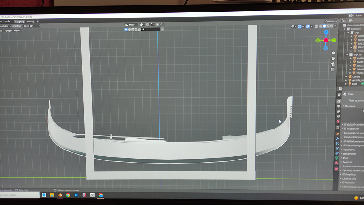 Diorama artesanal de Venecia durante la peste negra, mostrando a dos médicos de la peste con máscara frente a una góndola en un canal, con iluminación de farol.