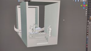 Diorama artesanal de Venecia durante la peste negra, mostrando a dos médicos de la peste con máscara frente a una góndola en un canal, con iluminación de farol.