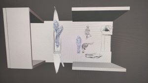 Diorama artesanal de Venecia durante la peste negra, mostrando a dos médicos de la peste con máscara frente a una góndola en un canal, con iluminación de farol.