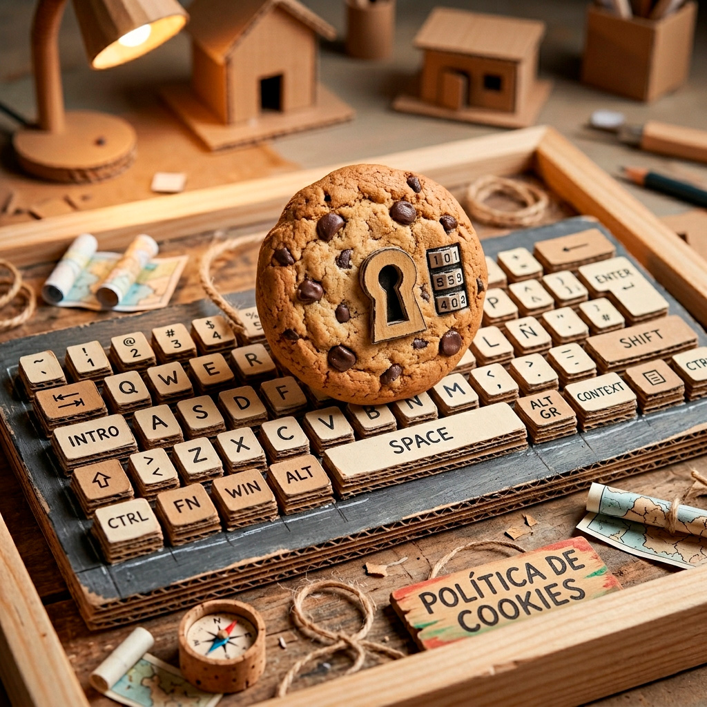 Diorama hecho a mano de una galleta con cerradura de seguridad sobre un teclado de cartón con el texto Política de Cookies
