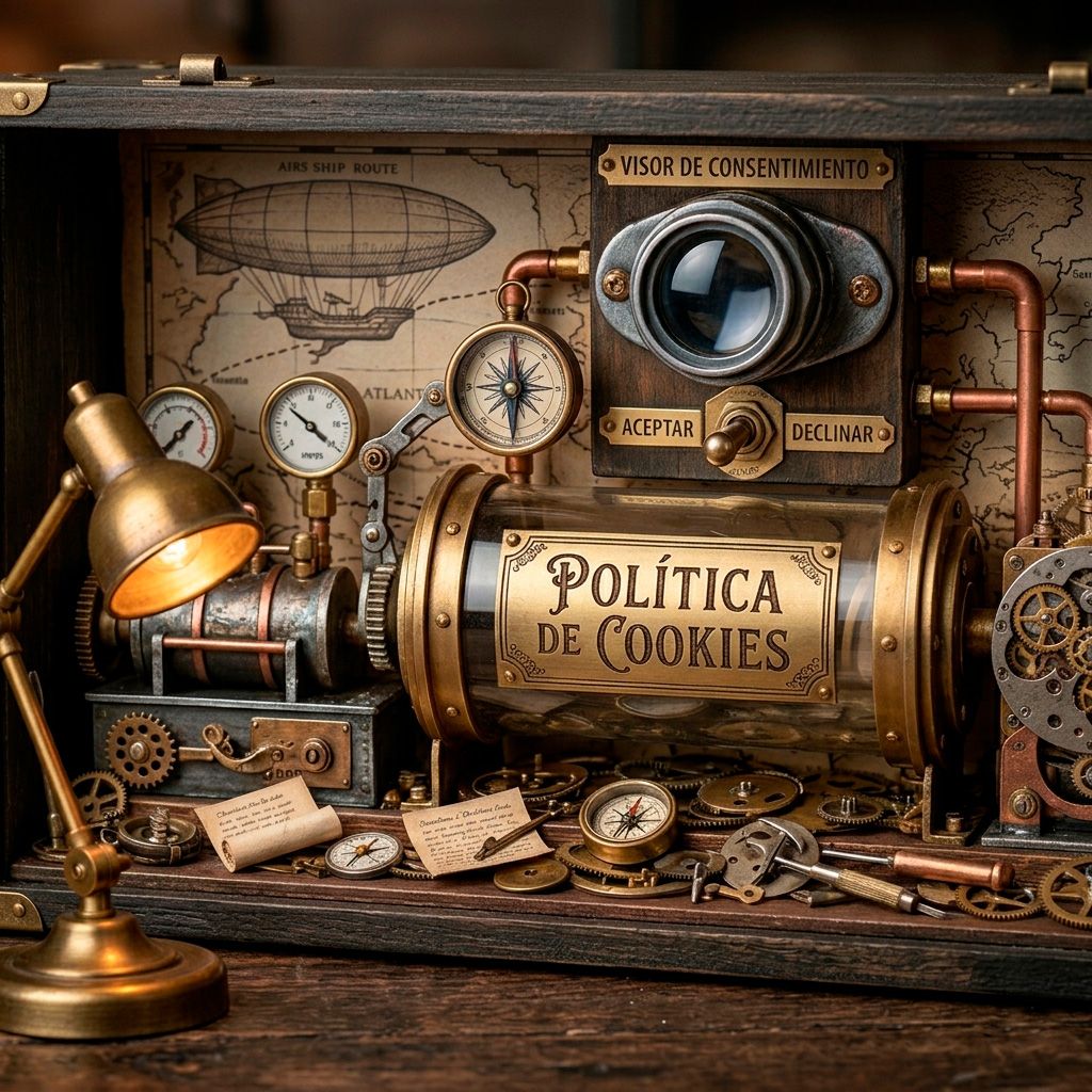 Representación Steampunk en un diorama de una máquina con engranajes, un visor con lente y un cilindro de cristal etiquetado como "POLÍTICA DE COOKIES", con opciones de "ACEPTAR" y "DECLINAR"