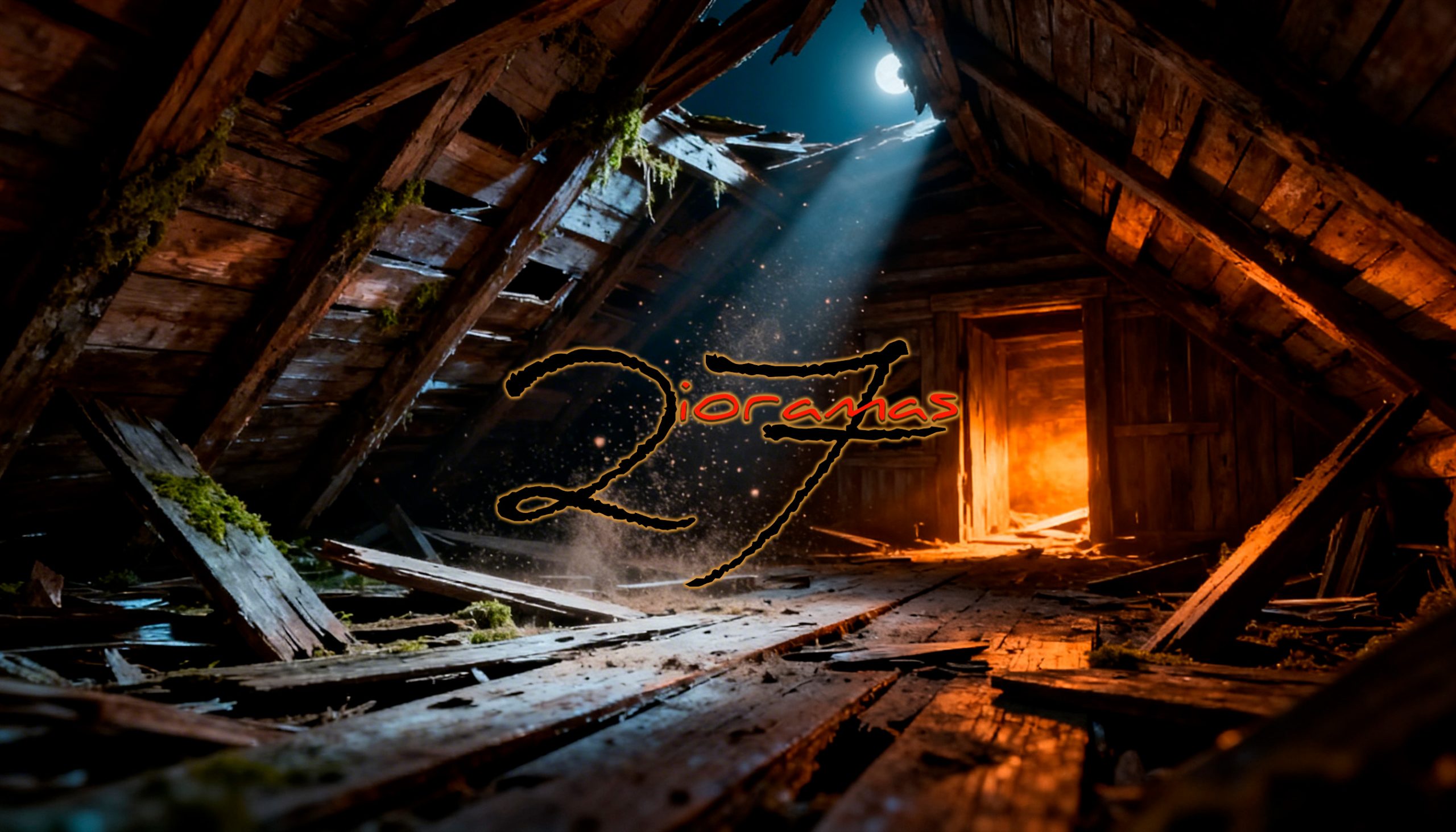 Portada de 27dioramas: Escena de desván antiguo en miniatura con iluminación atmosférica de misterio