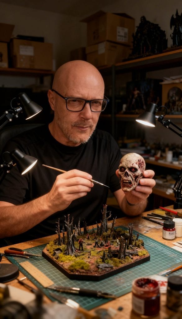 El autor de 27diorams trabajando en la creación de un diorama, pinta un craneo realista