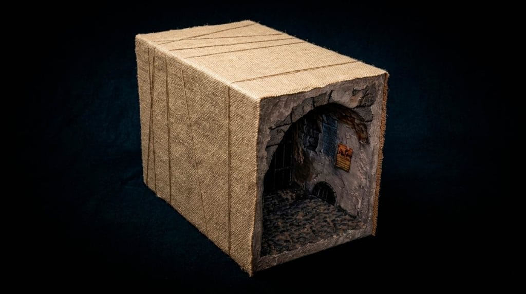 Exterior de un diorama tipo Book Nook forrado en tela de arpillera y cuerda, diseño rústico para estantería.