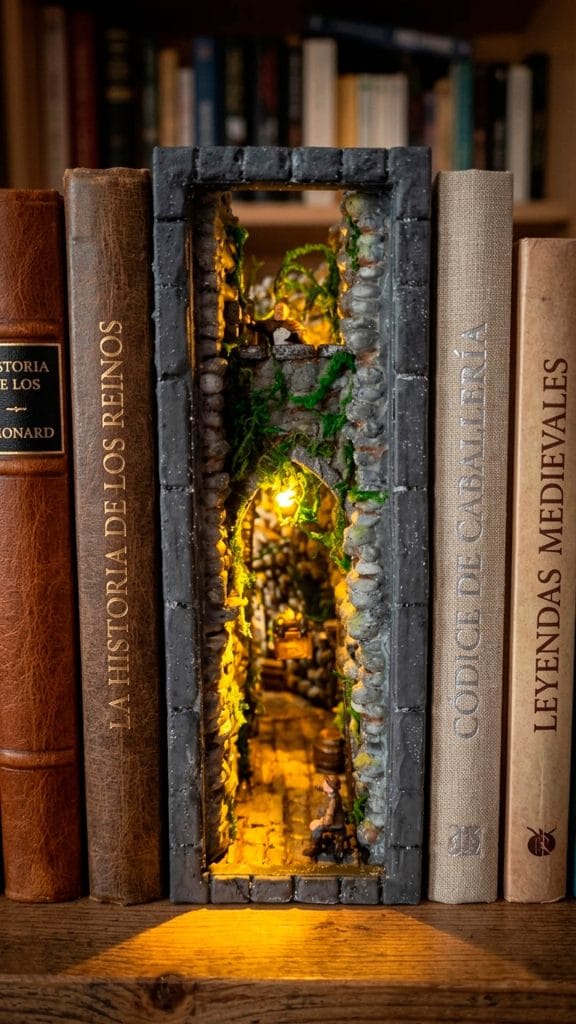 Diorama Book Nook artesanal con iluminación LED entre libros de historia, recreando un callejón medieval con musgo y piedra.