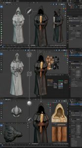 Infografía vertical que muestra el proceso de creación en Blender de una figura de monje encapuchado, incluyendo la malla de polígonos (wireframe), el esculpido digital y el texturizado final.