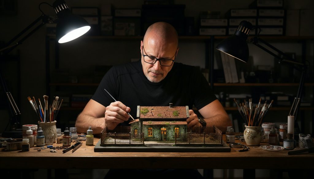 Autor trabajando en un diorama artesanal. Está en un taller oscuro iluminado por luces puntuales. Pinta con un pincel