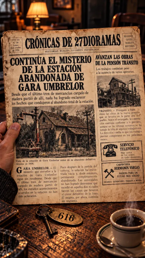 Periódico ficticio de Crónicas de 27dioramas que conecta Gara Umbrelor con las obras de la Pensión Tránsito