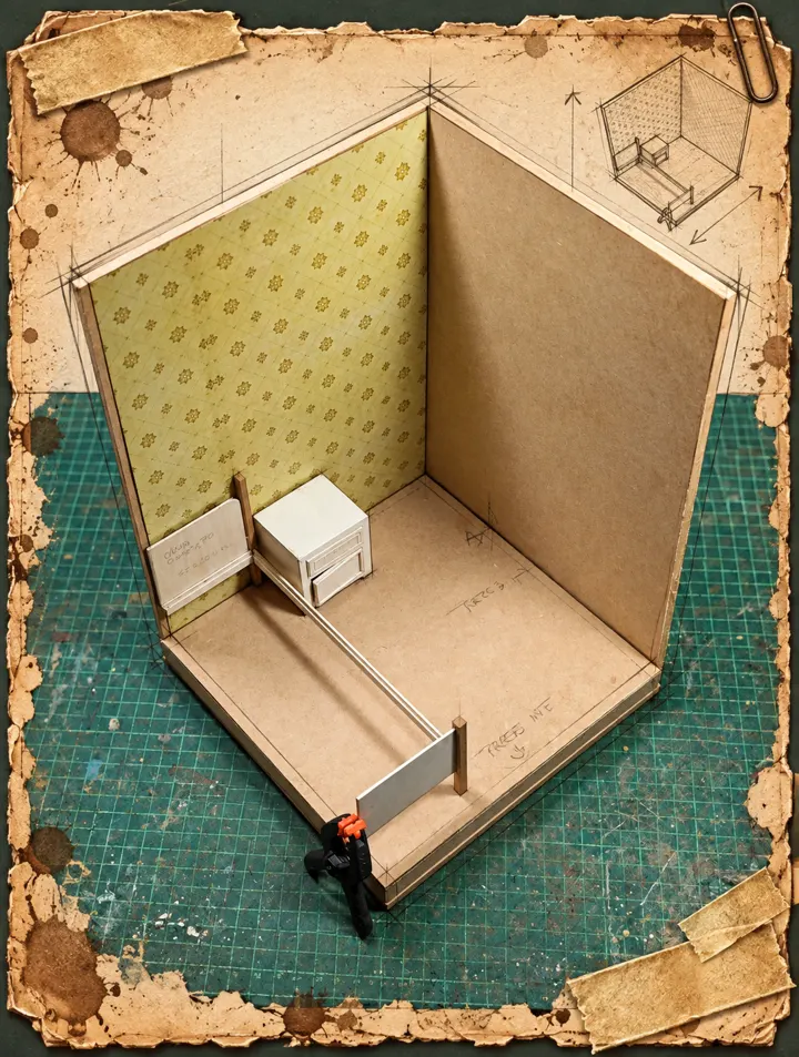 Fotografía de la estructura del dormitorio con marco envejecido y líneas dibujadas, utilizada en los shorts
